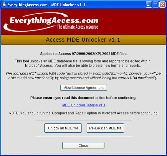 Access MDE Unlocker 3.20 Screenshot