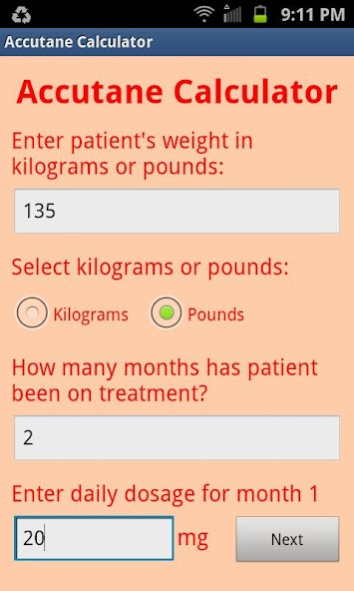 Accutane Calculator 1.1 Screenshot