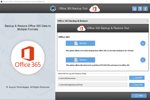 Aryson Office 365 Backup and Restore Tool 22.4 Screenshot