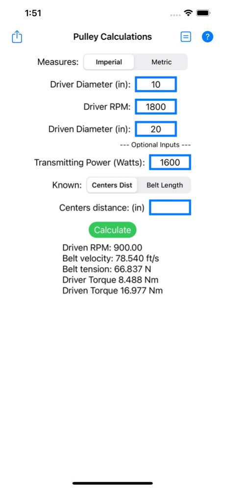 Belt & Pulley Calculator  Screenshot