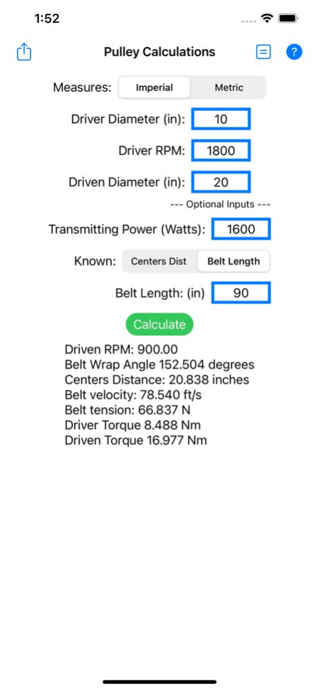Belt & Pulley Calculator  Screenshot