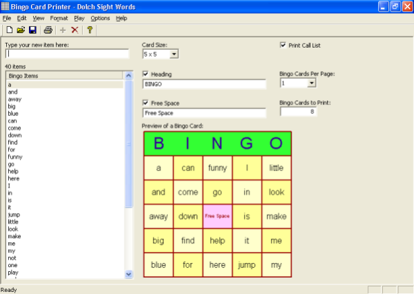 Bingo Card Printer 6.01 Screenshot