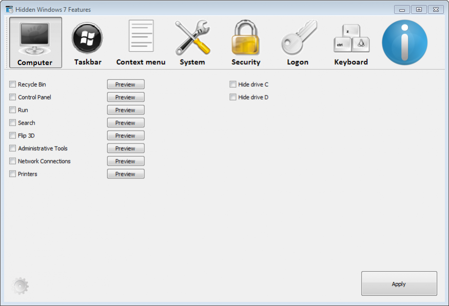 Hidden Windows 7 Features 1.3.0 Screenshot