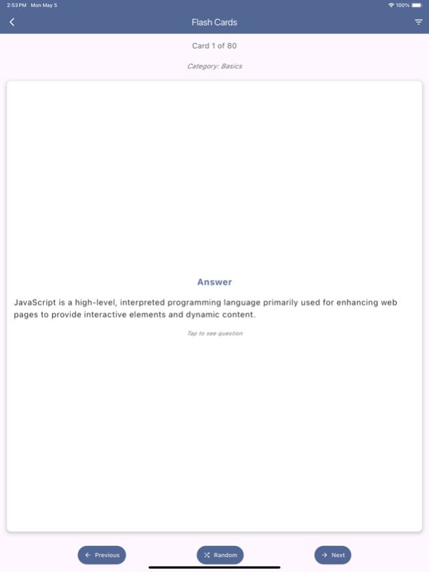 JavaScript Flashcards 2.0 Screenshot