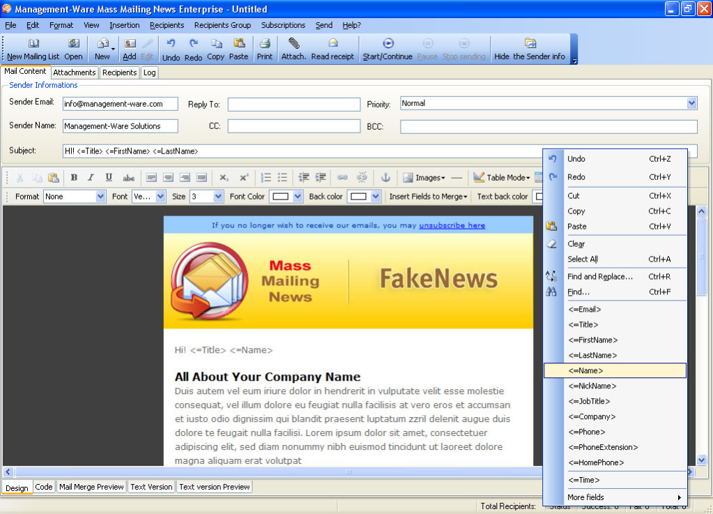 Mass Mailing News standard Edition 1.1.0.4 Screenshot