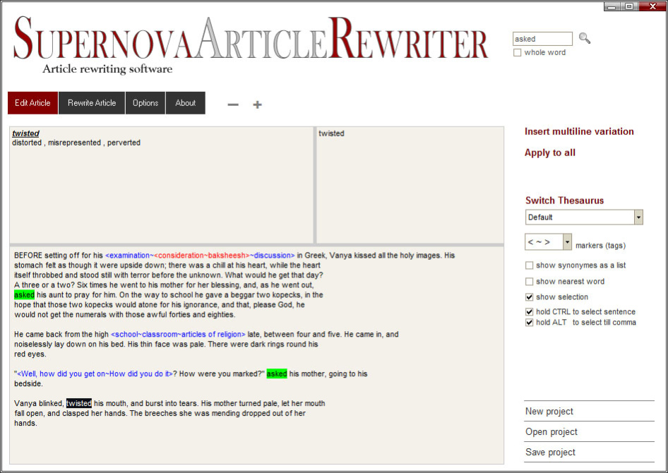 Supernova Article Rewriter 1.2 Screenshot