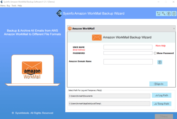 Sysinfo Amazon WorkMail Backup Software 22.03 Screenshot