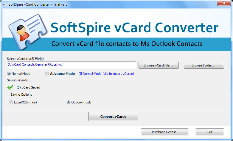 vCard Import into Outlook 3.95 Screenshot
