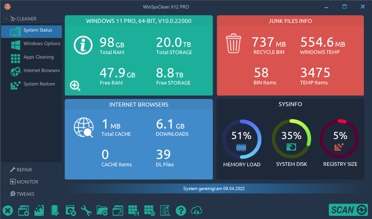 WinSysClean X12 Free 22.0.670 Screenshot